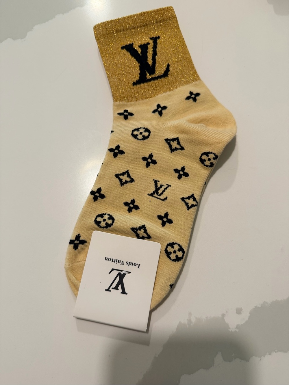 Louis Vuitton Cream Socks with Gold Cuff and Black Logo